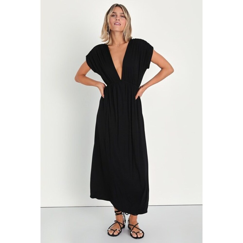 Lulus Sunshine Everywhere Black Dolman Sleeve Tie-back Midi Dress